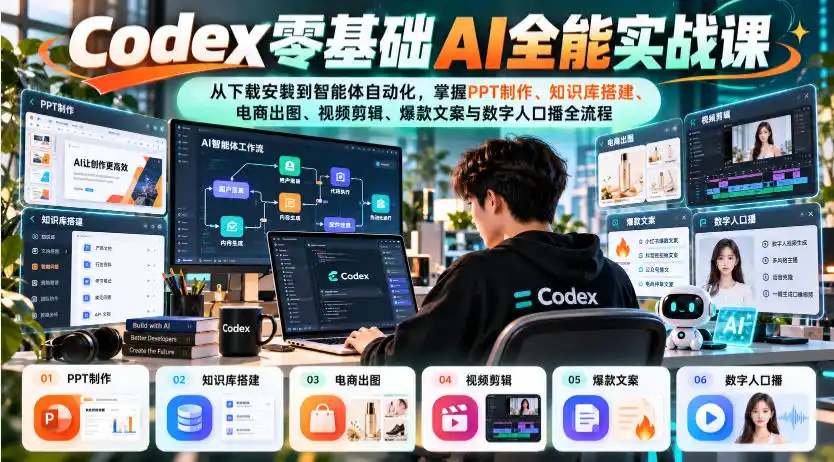 Codex零基础AI全能实战课:从下载安装到智能体自动化,掌握知识库搭建、电商出图、视频剪辑、爆款文案与数字人口播全流程