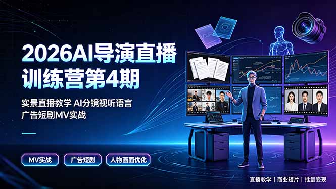 2026AI导演直播训练营第4期，实景直播教学AI分镜视听语言，广告短剧MV实战，解决人物画面崩坏痛点