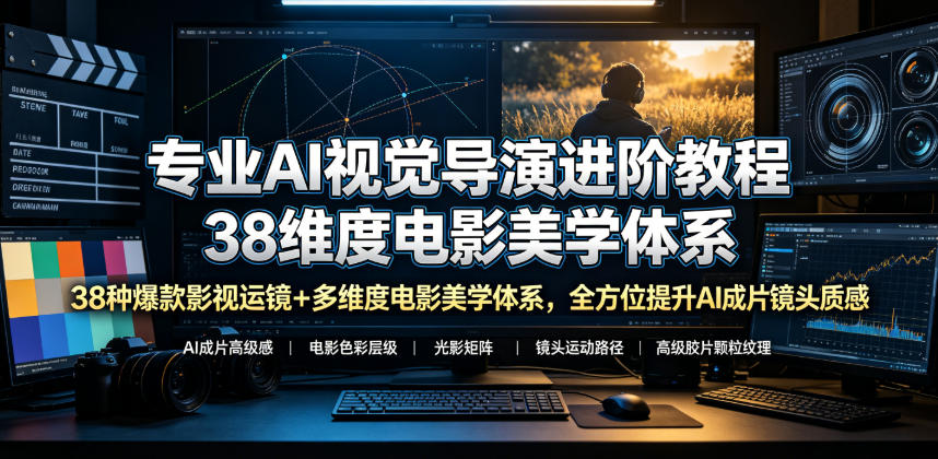 专业AI视觉导演进阶教程,38种爆款影视运镜+多维度电影美学体系,全方位提升AI成片高级感与镜头质感