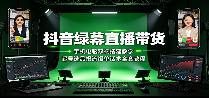 抖音绿幕直播带货：手机电脑双端搭建教学，起号选品投流爆单话术全套教程