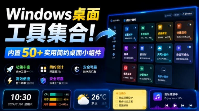 Windows桌面工具集合!内置50+实用简约桌面小组件,含截图、录屏、翻译、天气等,多秘工具箱