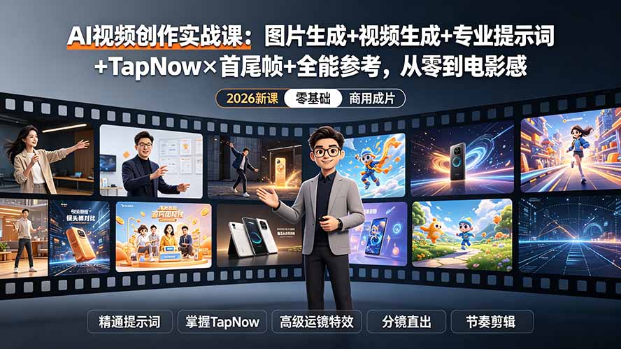 AI视频创作实战课：图片生成+视频生成+专业提示词+TapNow×首尾帧+全能参考，从零到电影感成片