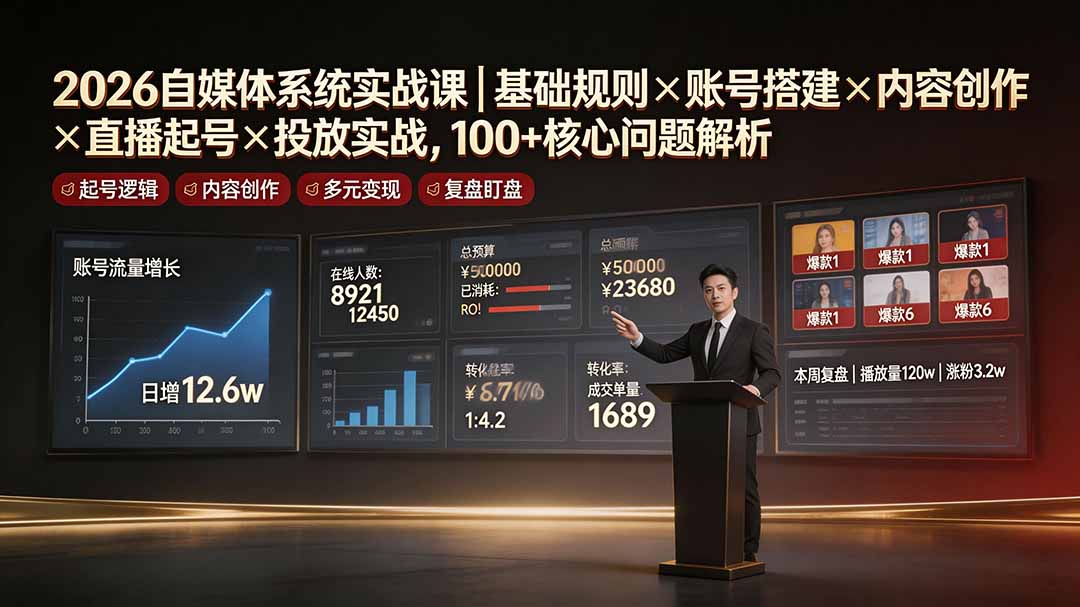 2026自媒体系统实战课｜基础规则×账号搭建×内容创作×直播起号×投放实战，100+核心问题解析