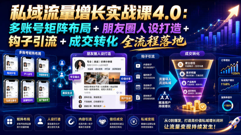 私域流量增长实战课4.0：多账号矩阵布局+朋友圈人设打造+钩子引流+成交转化全流程落地
