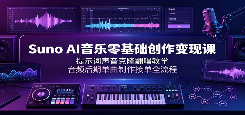 Suno AI音乐零基础创作变现课：提示词声音克隆翻唱教学，音频后期单曲制作接单全流程