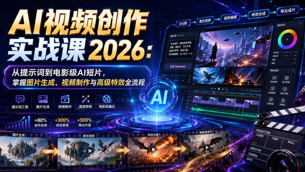 AI视频创作实战课2026：从提示词到电影级AI短片，掌握图片生成、视频制作与高级特效全流程