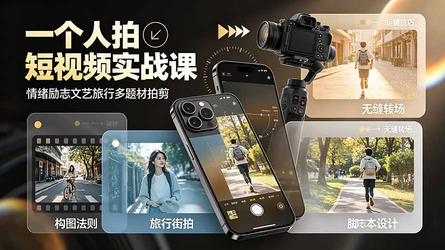 一个人拍短视频实战课：情绪励志文艺旅行多题材×五大景别×黄金构图×八大运镜，从拍摄到成片高效创作