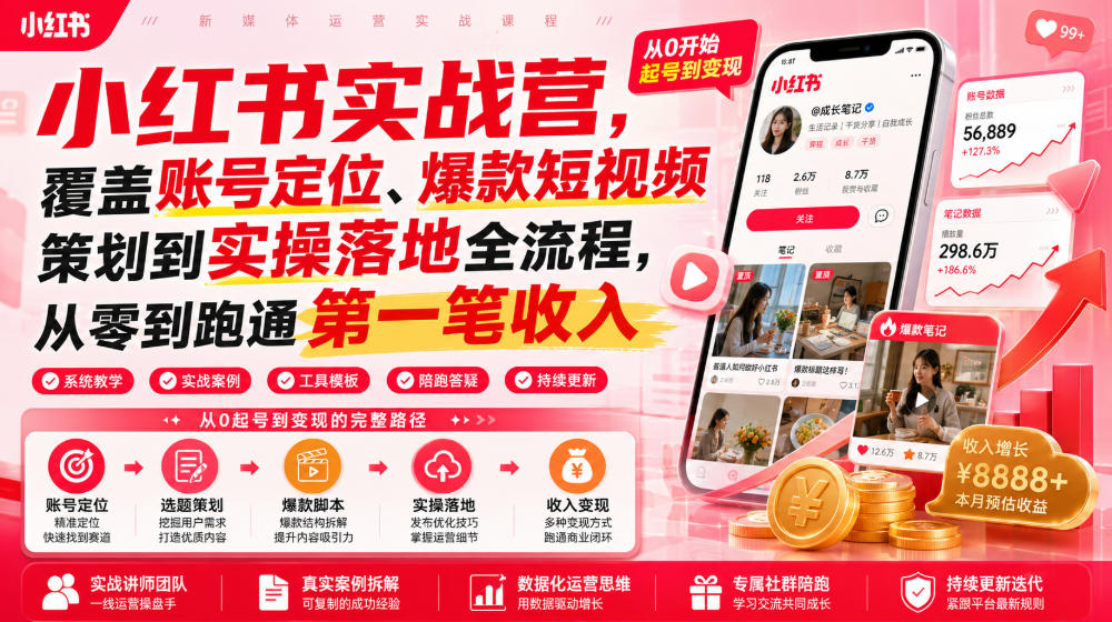 小红书实战营，覆盖账号定位、爆款短视频策划到实操落地全流程，从零到跑通第一笔收入