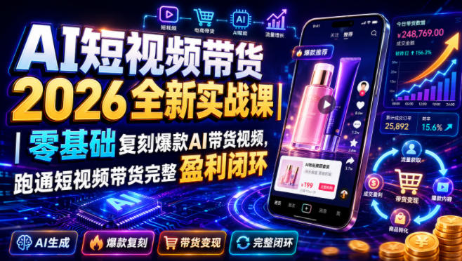 AI短视频带货2026全新实战课｜零基础复刻爆款AI带货视频，跑通短视频带货完整盈利闭环