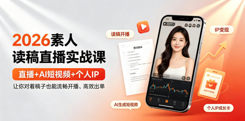 2026素人读稿直播实战课｜直播+AI短视频+个人IP，让你对着稿子也能流畅开播、高效出单