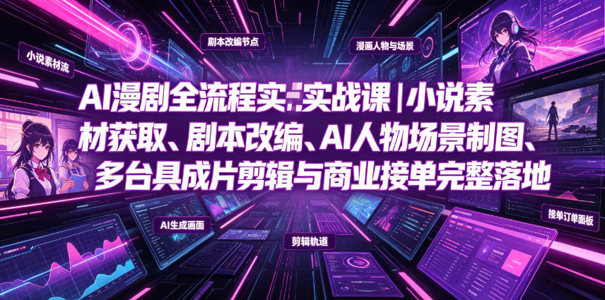 AI漫剧全流程实战课｜小说素材获取、剧本改编、AI人物场景制图、多工具成片剪辑、平台付费变现与商业接单完整落地