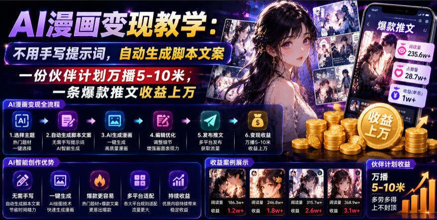 AI漫画变现教学:不用手写提示词,自动生成脚本文案,一份伙伴计划万播5-10米,一条爆款推文收益上W