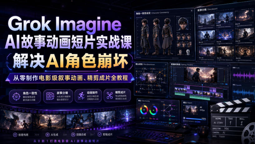 Grok Imagine AI故事动画短片实战课｜解决AI角色崩坏，从零制作电影级叙事动画、精剪成片全教程（中英字幕）