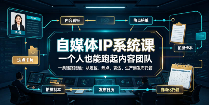 自媒体IP系统课，一个人也能跑起内容团队，一条链路跑通，从定位、热点、表达、生产到发布托管