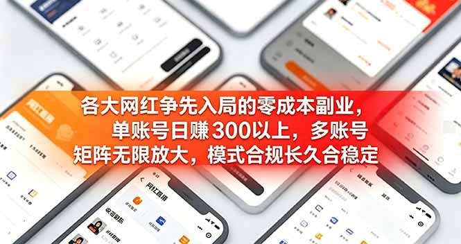各大网红争先入局的零成本副业,单账号日赚 300 以上,多号矩阵可放大,模式合规长久稳定!