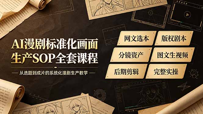 AI漫剧标准化画面生产SOP全套课程，网文选本版权剧本分镜资产全覆盖，图文生视频后期剪辑完整实操教学