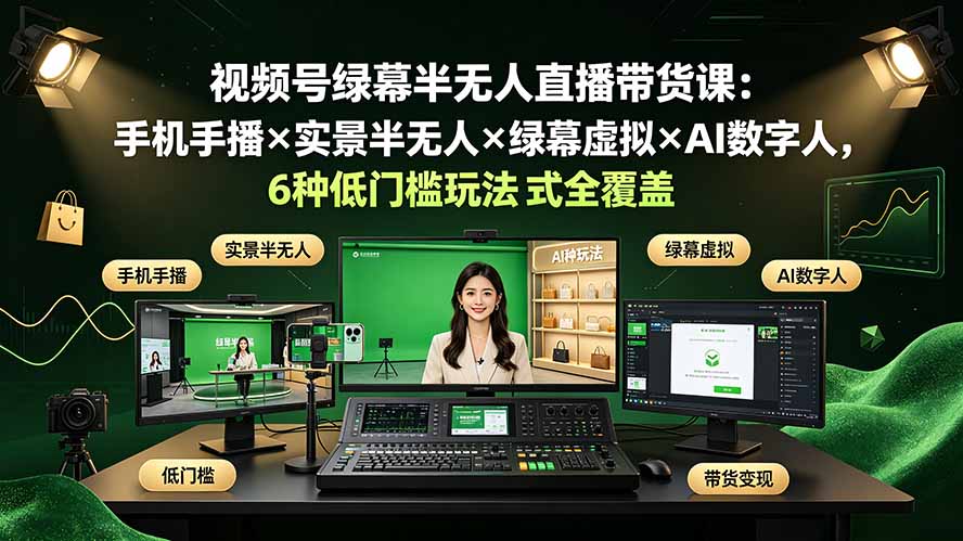 视频号绿幕半无人直播带货课：手机手播×实景半无人×绿幕虚拟×AI数字人，6种低门槛玩法全覆盖