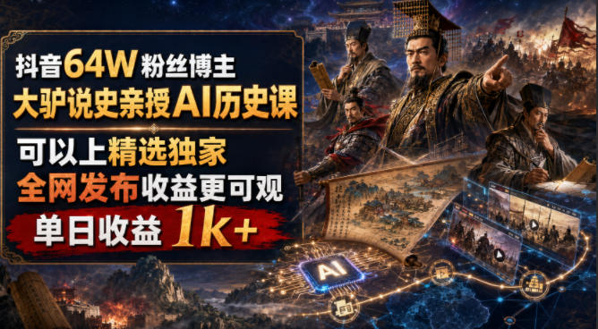 抖音64W粉丝博主大驴说史亲授AI历史课，可以上精选独家，全网发布收益更可观，单日收益1k+