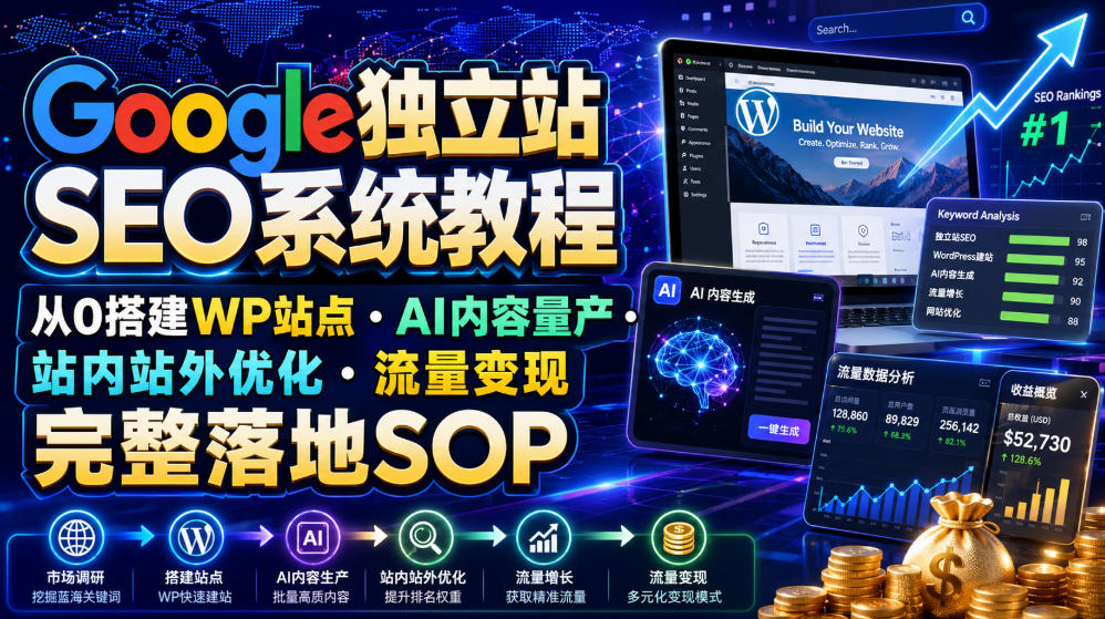 Google独立站SEO系统教程，从0搭建WP站点・AI内容量产・站内站外优化・流量变现完整落地SOP(2026年7月)