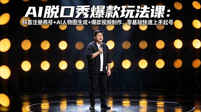 AI脱口秀爆款玩法课：抖音注册养号+AI人物图生成+爆款视频制作，零基础快速上手起号