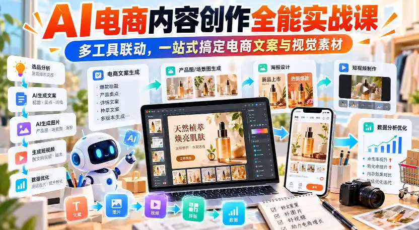 【无水印】AI电商内容创作全能实战课｜多工具联动，一站式搞定电商文案与视觉素材