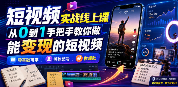短视频实战线上课，从0到1手把手教你做能变现的短视频，零基础可学，落地起号做爆款