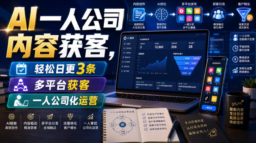 AI一人公司内容获客，轻松日更3条，多平台获客，一人公司化运营
