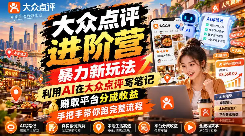 大众点评进阶营,暴力新玩法,利用AI在大众点评写笔记, 賺取平台分成收益,手把手带你跑完整流程