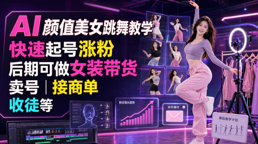 AI颜值美女跳舞教学，快速起号涨粉，后期可做女装带货，卖号，接商单，收徒等