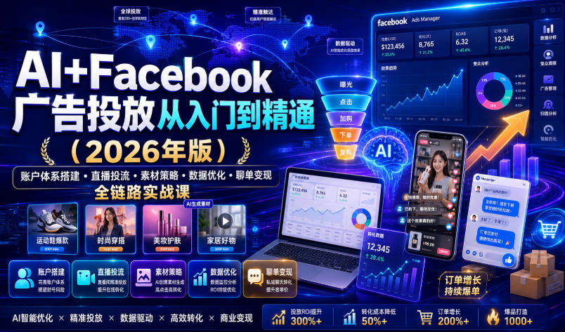 AI+Facebook广告投放从入门到精通(2026年版)｜账户体系搭建・直播投流・素材策略・数据优化・聊单变现全链路实战课