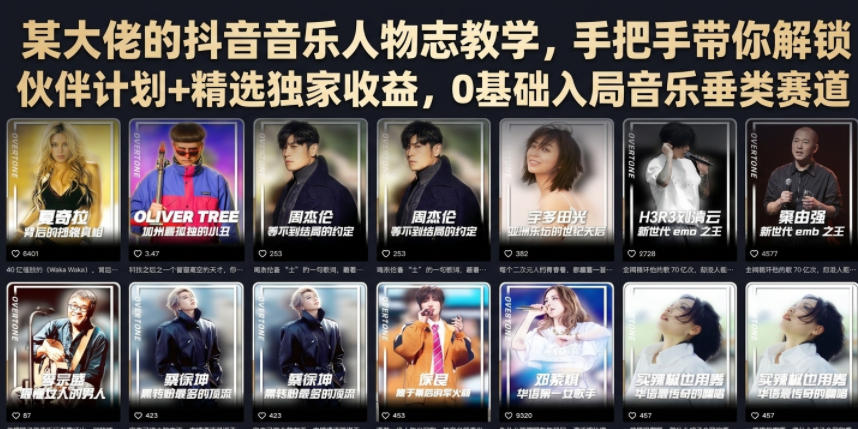 某大佬的抖音音乐人物志教学，手把手带你解锁伙伴计划+精选独家收益，0基础入局音乐垂类赛道