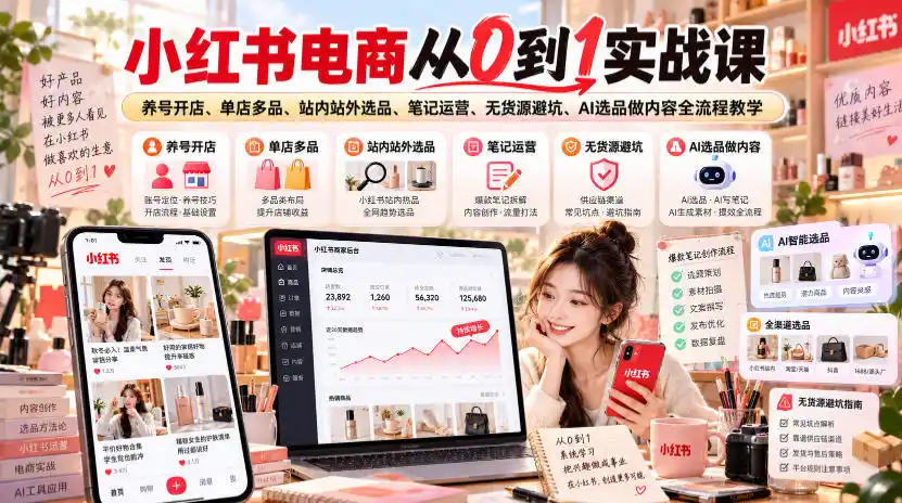 小红书电商从0到1实战课|养号开店、单店多品、站内站外选品、笔记运营、无货源避坑、AI选品做内容全流程教学
