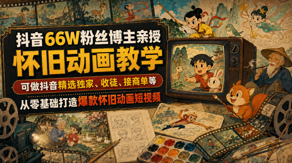 抖音66W粉丝博主亲授怀旧动画教学，可做抖音精选独家、收徒、接商单等，从零基础打造爆款怀旧动画短视频
