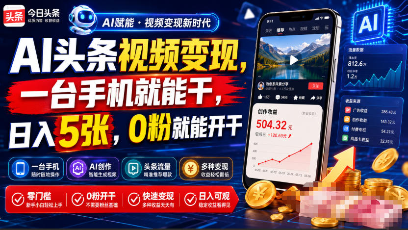 AI头条视频变现，一台手机就能干，日入5张，0粉就能开干