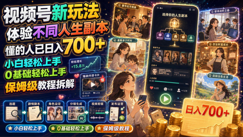 视频号新玩法体验不同人生副本，懂的人已日入700+，小白轻松上手，0基础轻松上手，保姆级教程拆解