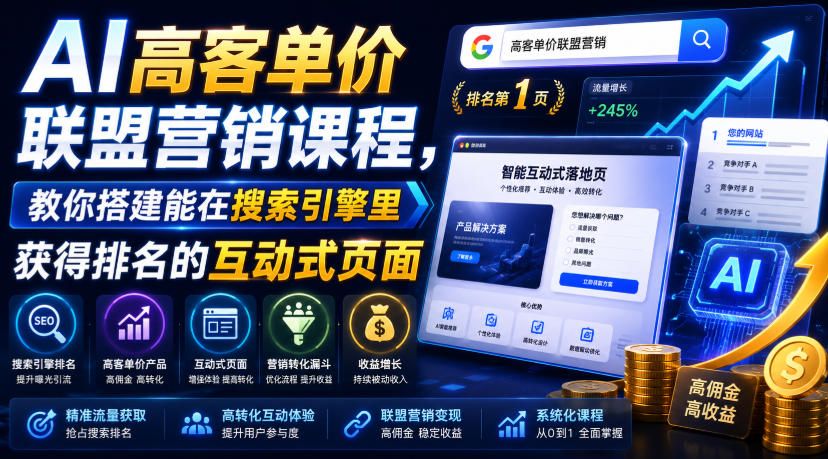 AI高客单价联盟营销课程，教你搭建能在搜索引擎里获得排名的互动式页面，引来流量，把访客转化为高佣金的成交【原创双语字幕】