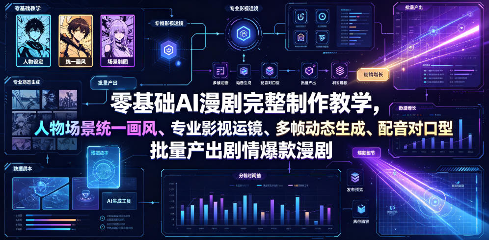 零基础AI漫剧完整制作教学，人物场景统一画风、专业影视运镜、多帧动态生成、配音对口型，批量产出剧情爆款漫剧