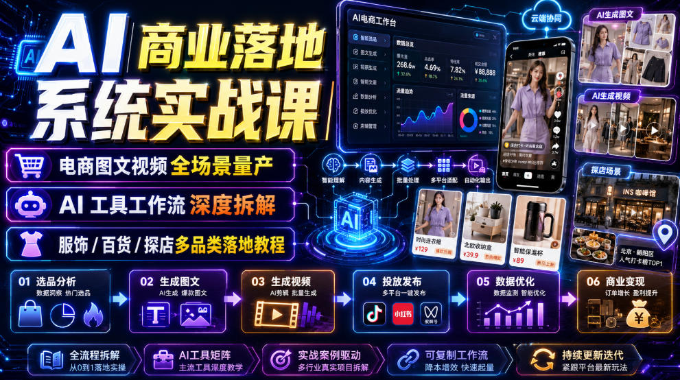 AI商业落地系统实战课｜电商图文视频全场景量产・AI工具工作流深度拆解・服饰/百货/探店多品类落地教程