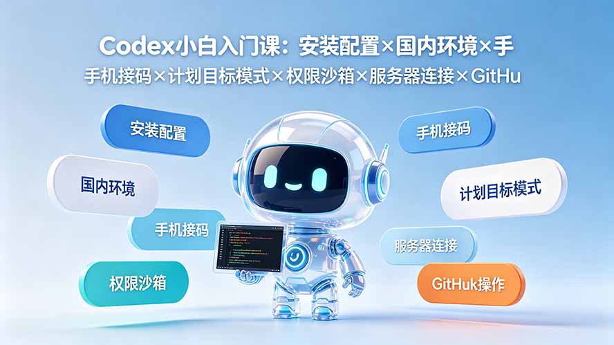 Codex小白入门课：安装配置×国内环境×手机接码×计划目标模式×权限沙箱×服务器连接×GitHub操作