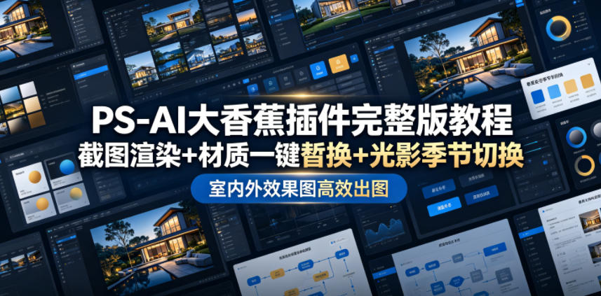 PS-AI大香蕉插件完整版教程,截图渲染+材质一键替换+光影季节切换,室内外效果图高效出图高阶课程