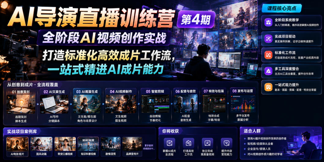 AI导演直播训练营第4期｜全阶段AI视频创作实战，打造标准化高效成片工作流，一站式精进AI成片能力
