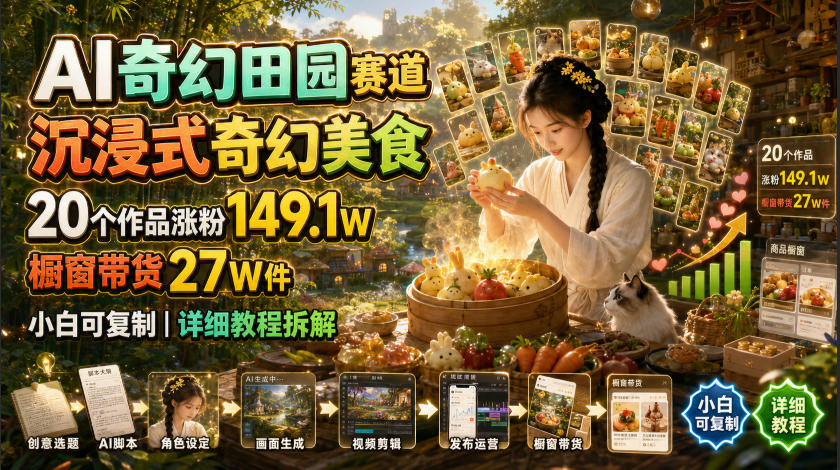 AI奇幻田园赛道，沉浸式奇幻美食，20个作品涨粉149.1W，橱窗带货27W件，小白可复制，详细教程拆解
