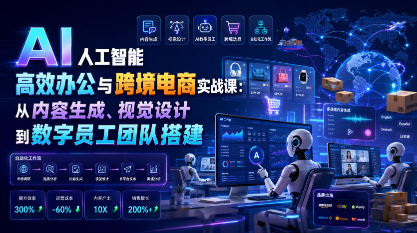 AI人工智能高效办公与跨境电商实战课：从内容生成、视觉设计到数字员工团队搭建