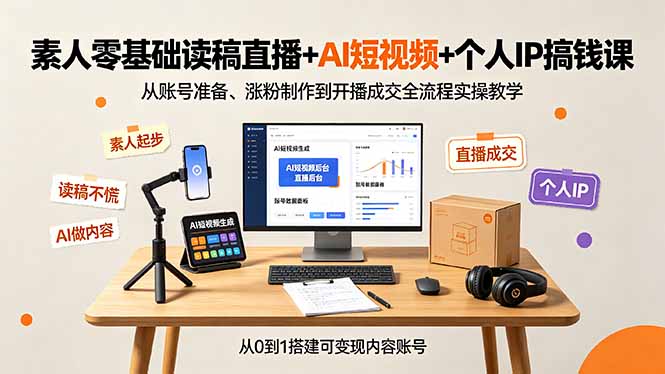 素人零基础读稿直播+AI短视频+个人IP搞钱课，从账号准备、涨粉制作到开播成交全流程实操教学