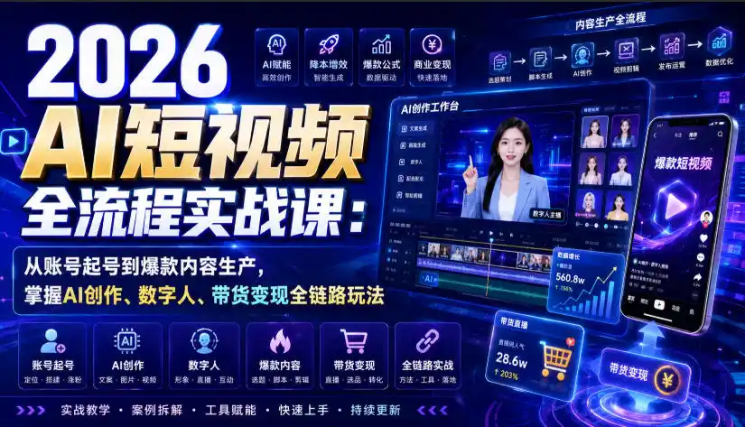 2026 AI短视频全流程实战课:从账号起号到爆款内容生产,掌握AI创作、数字人、带货变现全链路玩法