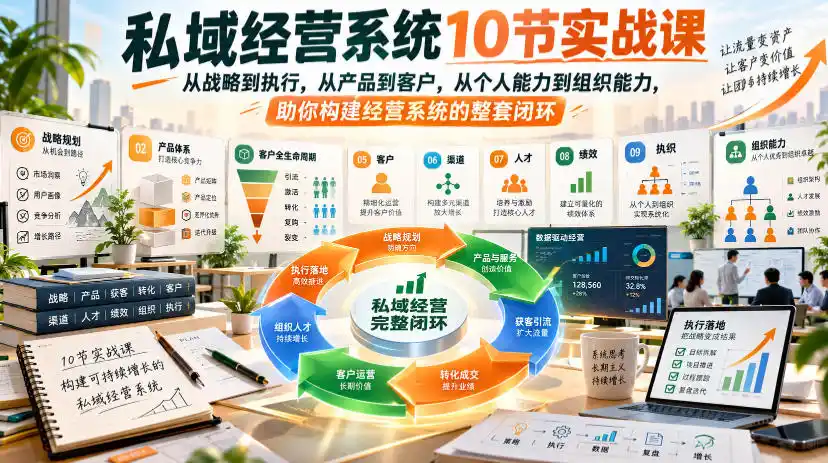 私域经营系统10节实战课，从战略到执行，从产品到客户，从个人能力到组织能力，助你构建经营系统的整套闭环