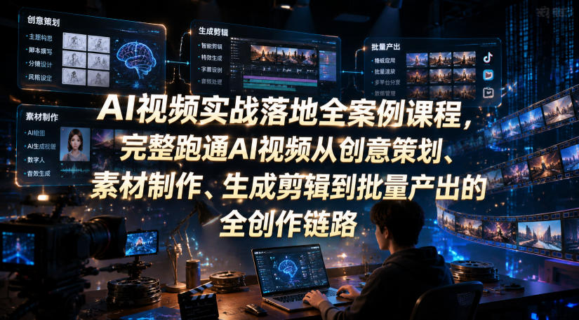 AI视频实战落地全案例课程，完整跑通AI视频从创意策划、素材制作、生成剪辑到批量产出的全创作链路