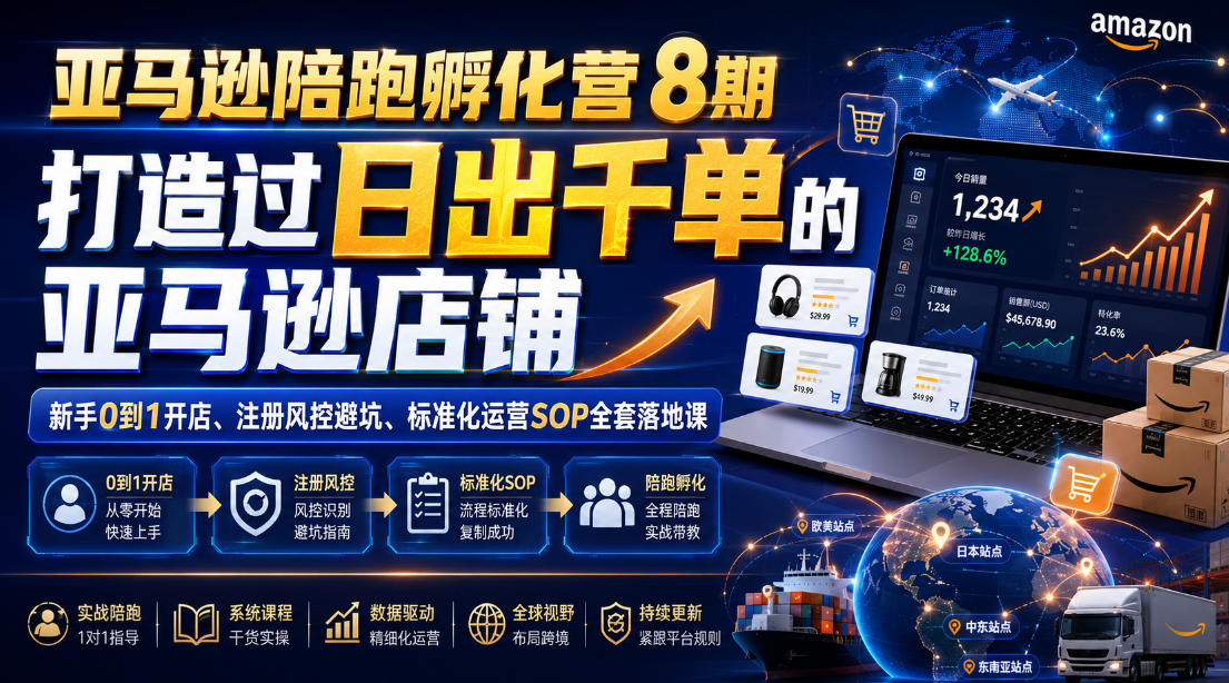 亚马逊陪跑孵化营8期，打造过日出千单的亚马逊店铺，新手0到1开店、注册风控避坑、标准化运营SOP全套落地课