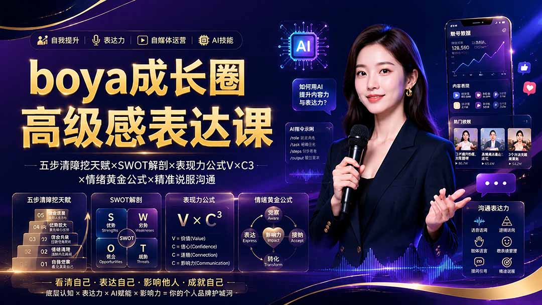 boya成长圈｜内心成长高级表达AI自媒体三合一，消解内耗挖掘天赋，镜头沟通AI指令短视频全流程教学