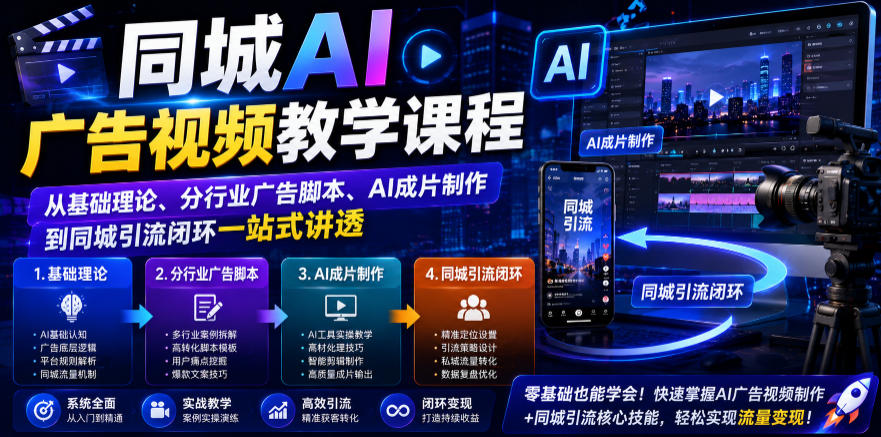 同城AI广告视频教学课程，从基础理论、分行业广告脚本、AI成片制作到同城引流闭环一站式讲透